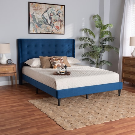 Baxton Studio Gothard  Navy Blue Velvet Upholstered and Dark Brown Finished Wood King Size Platform Bed 215-12366-ZORO